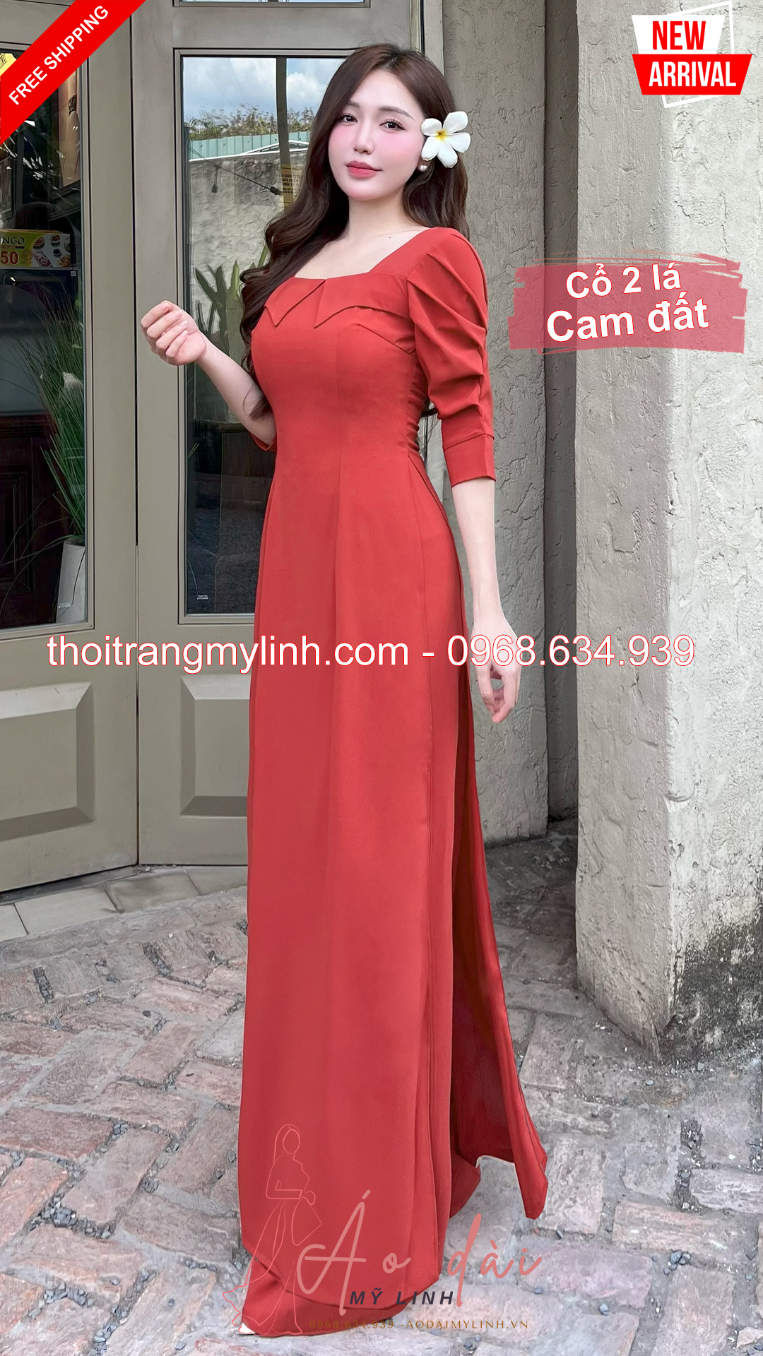 Bộ dài cổ vuông 2 lá bâu tay xếp tầng cam đất